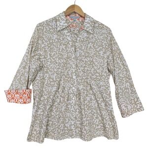 Foxcroft Button Up Shirt Womens 12 Beige Floral Wrinkle Free Business Casual‎
